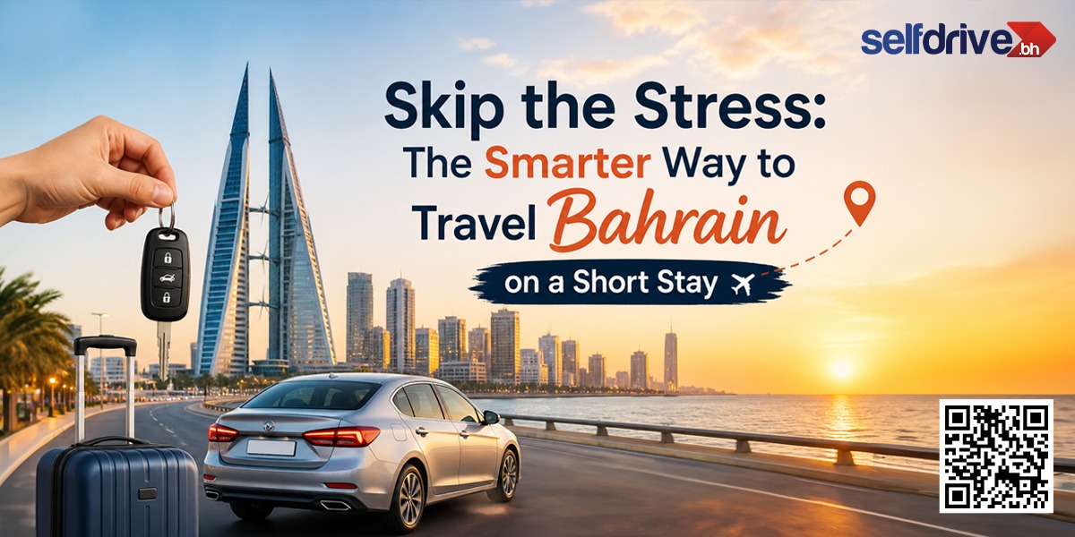 A hand holds car keys near a suitcase and a car, against Bahrain's skyline at sunset. Text reads "Skip the Stress: The Smarter Way to Travel Bahrain on a Short Stay." The scene is calm and inviting.